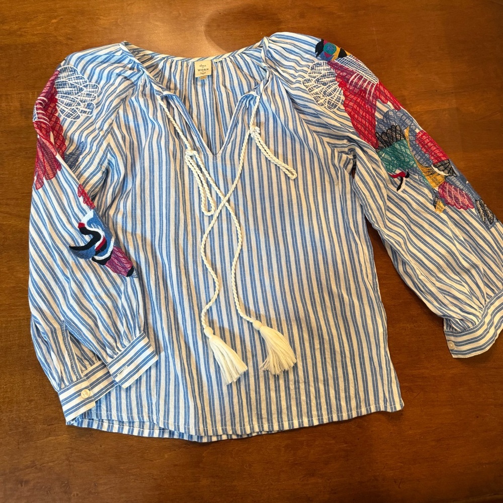 Blue & White Stripe Embroidered Peasant Top